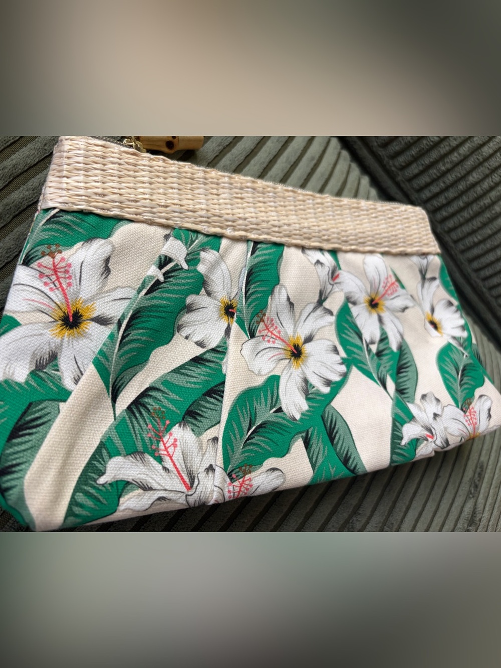 Tropical White Floral Canvas Clutch/Cosmetic Bag NWOT!